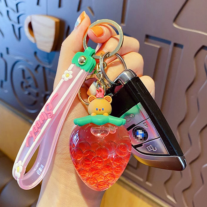 Sweet Strawberry Fruit Cup Floating Rabbit Keychain Cute Moving Liquid Quicksand Bear Doll Key Chain Women Girl Bag Gift Pendant