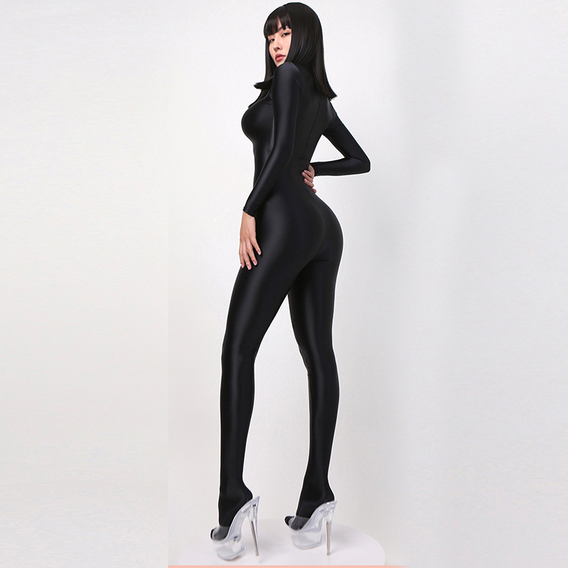 Shiny Satin Sexy Zentai Women Long Sleeve Bodysuit Full Length One-piece Tights Silky Catsuit Black Jumpsuit Clubwear Streetwear