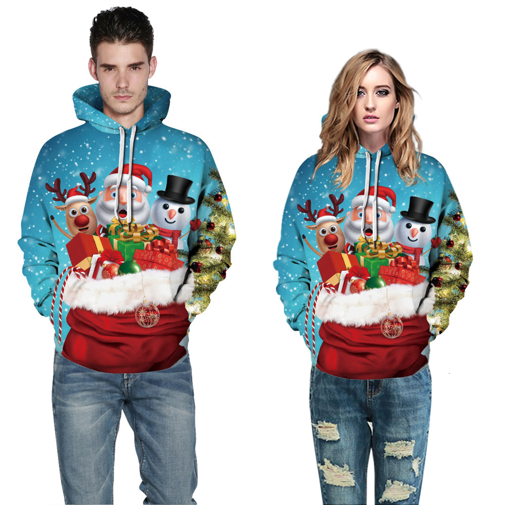 Designer fashion versatile hot selling Christmas snowman digital printed pocket hooded drawstring trendy autumn and winter hoodie