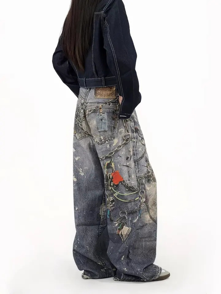 Y2K Mens Retro Street Printing Digital Crop Printing Jeans Mens Loose Straight Personalized Fashion Mop Wide Legs Trousers 241108