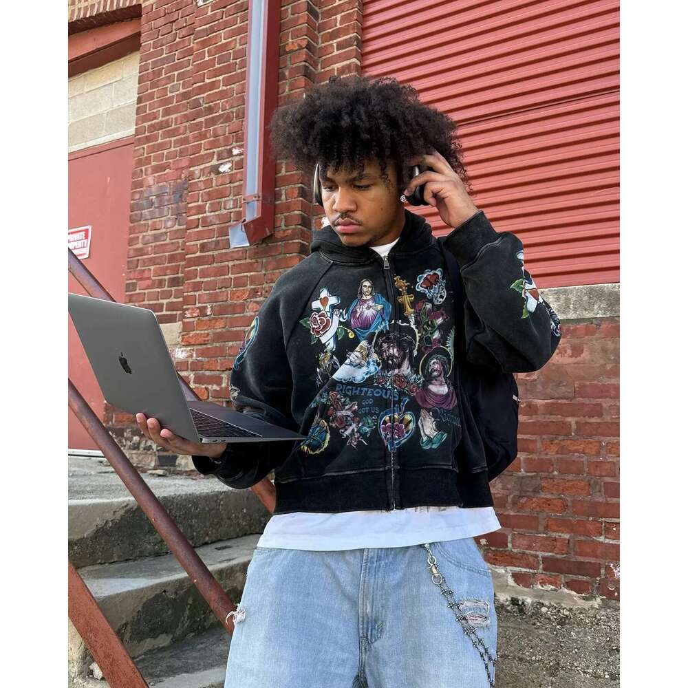 Printed 2024 New Casual Y2k Sweatshirt Zipper Cardigan Loose Hoodie Women's Versatile Hip Hop Geometric Pattern