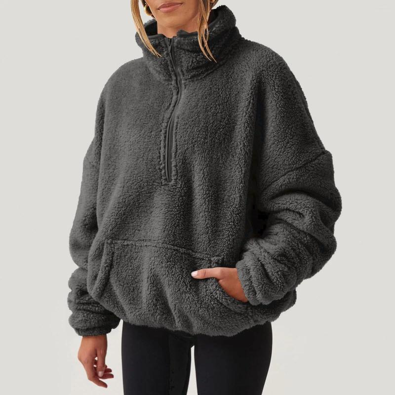 Women's Hoodies Fuzzy Quarter Zip Sweatshirt Women Trendy Casual Zipper Pullover Fleece Sweatshirts Long Sleeve Winter Womens