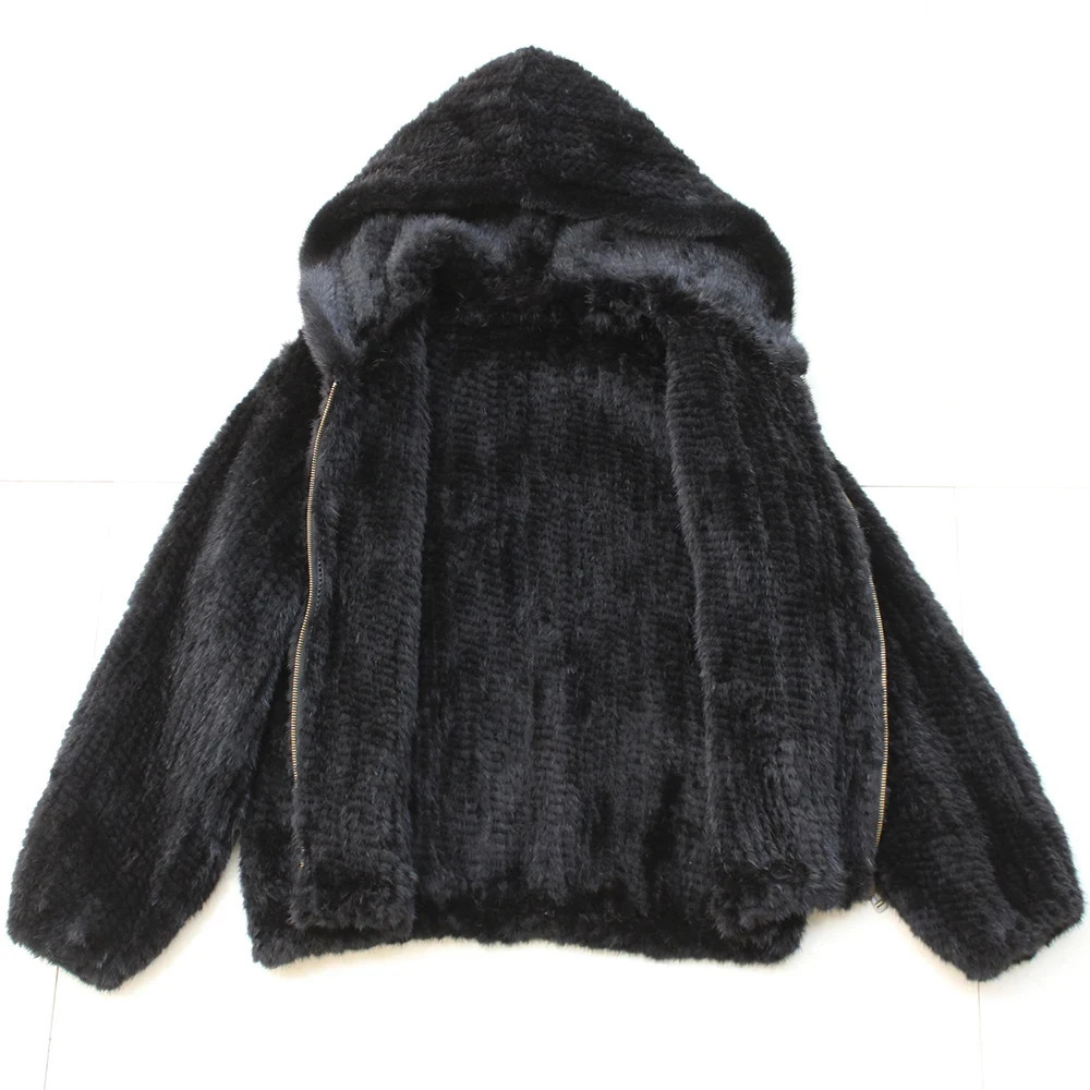 Fashion Knitted Mink Hoodie Winter Womens Warm Natural Fur Jacket Womens Casual Solid Long Sleeve Jacket 241108