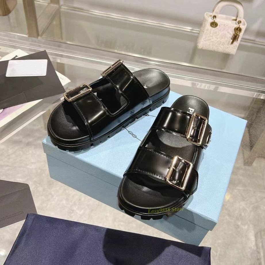 Designer slippers luxury beach slides women platform summer sandals mules classic buckle flat suede ladies genuine leather casual shoes black white high quality
