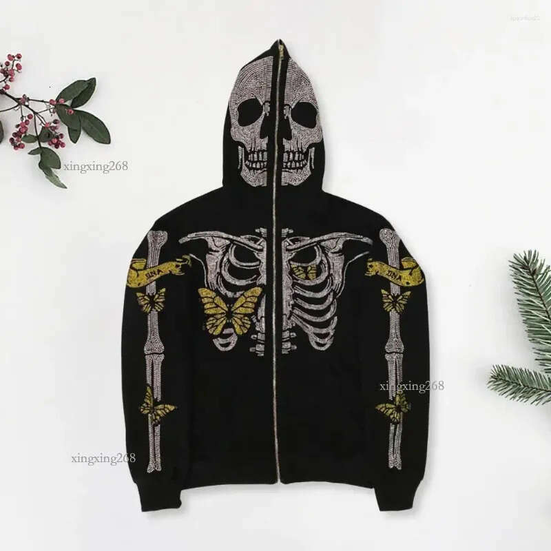 Men's Hoodies Unisex Halloween Hoodie Rhinestone Ghost Skeleton With Zipper Closure Pockets Party Cosplay For Fall