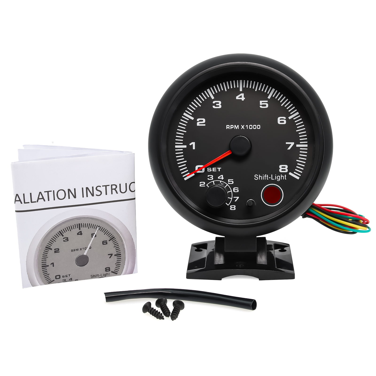 3.75" 95mm Black/Silver Tachometer with Shift Light For 12V 4/6/8 Cylinder Car RacingTacho Gauge Meter 0-8000rpm 7 Color LED