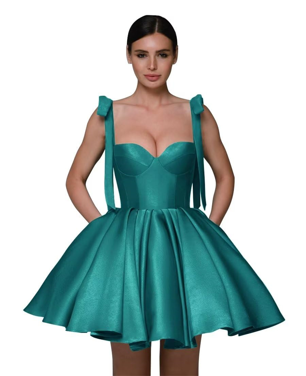 Short Spaghetti Homecoming Dresses Satin Lace-up Sexy Backless Pockets Ball Gown Sweetheart Cocktail Formal Occasion Cocktail Prom Party Graudation Go