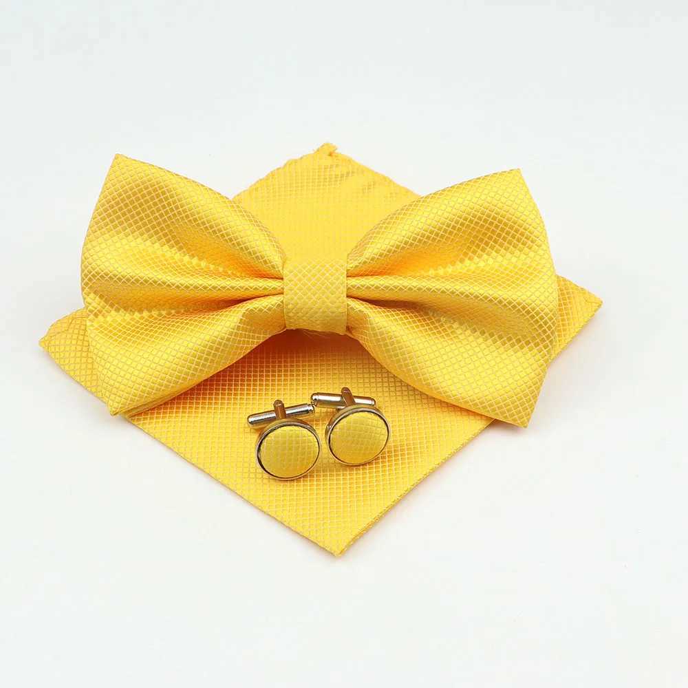 Mens Formal Solid Color Polyester Bowtie Pocket Square Cufflinks Sets Bow Tie Handkerchief Cuff Links Lots Three Piece SetX241109