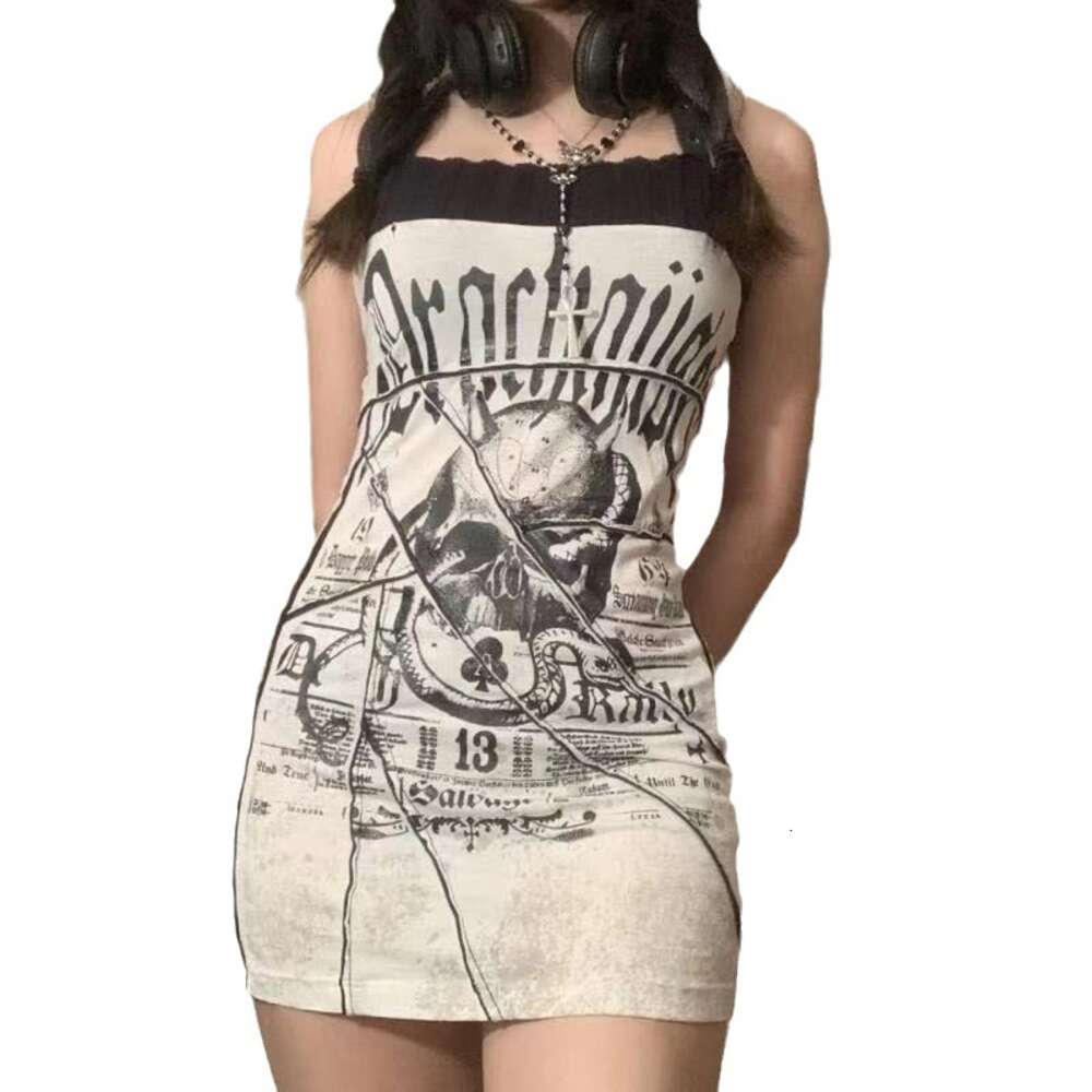 Subcultural Punk Spicy Sisters Shibuya Gothic Dark Skull Splice Slim Fit Dress with Strap Wrap Short Skirt F41042