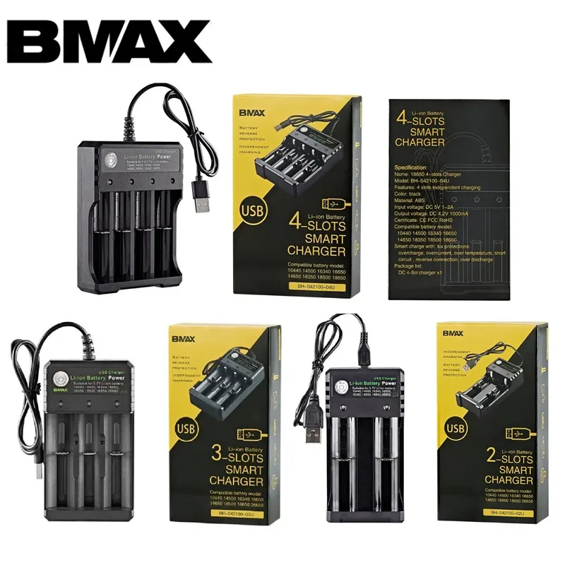 Original Bmax Battery Charger 2 3 4 Slots Lithium USB Smart Charger for IMR 18350 18500 18650 26650 21700 Universal Li-ion Rechargeable Batteries Char