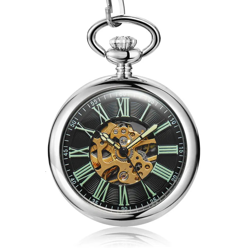 Antique Smooth Silver Skeleton Transparent Mechanical Pocket Watch For Men FOB Chain Hand Winding Reloj De Bolsillo 240327