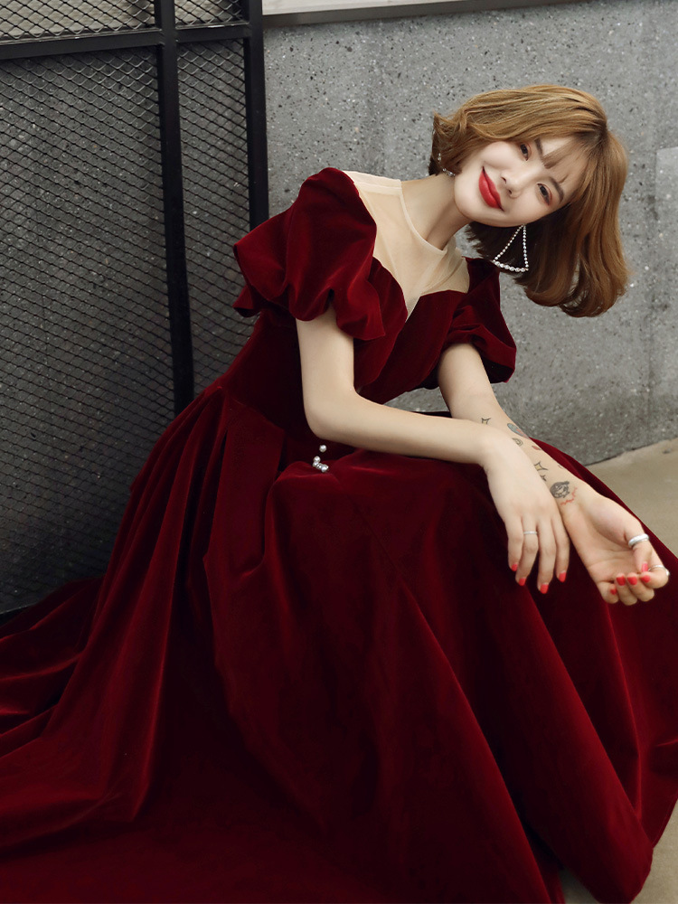 Mesh-satin Patchwork Cheongsam Pearl Puff Sleeve Qipao Bandage Evening Banquet Dresses Perspective Round Collar Sexy Vestidos