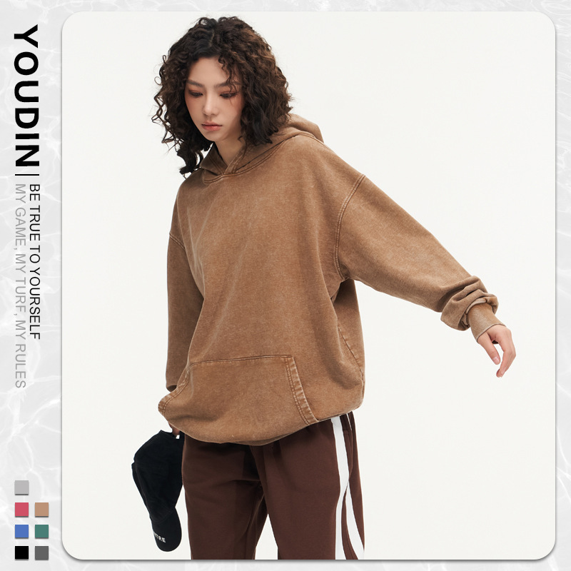 Designe's fashionable vesatile 425G autumn/winte Ameican wax pinted vintage hooded sweatshit fo men, made of pue cotton looped hai and washed wit