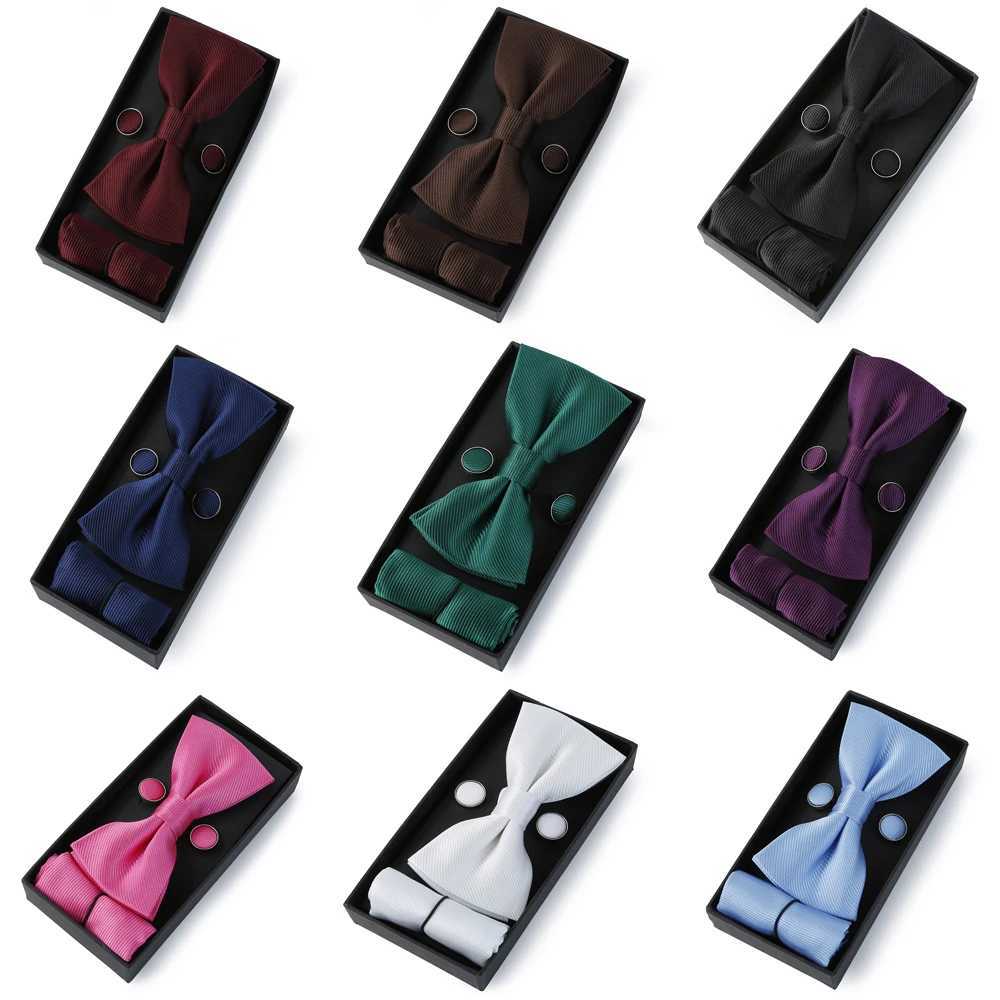 HUISHI Classic Black Bowtie Bow Ties For Mens Butterfly Bowknot Pocket Square Cufflinks Suit Set Bussiness Accessories Gift BoxX241109