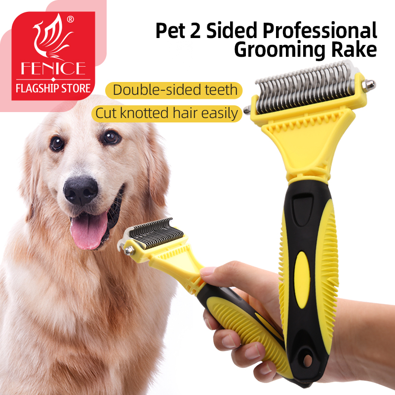 Fenice Professional Pet 2 Double-Sided Grooming Rake Comb Comfortable Handle Pet Grooming Brush For Dog Cat Removing
