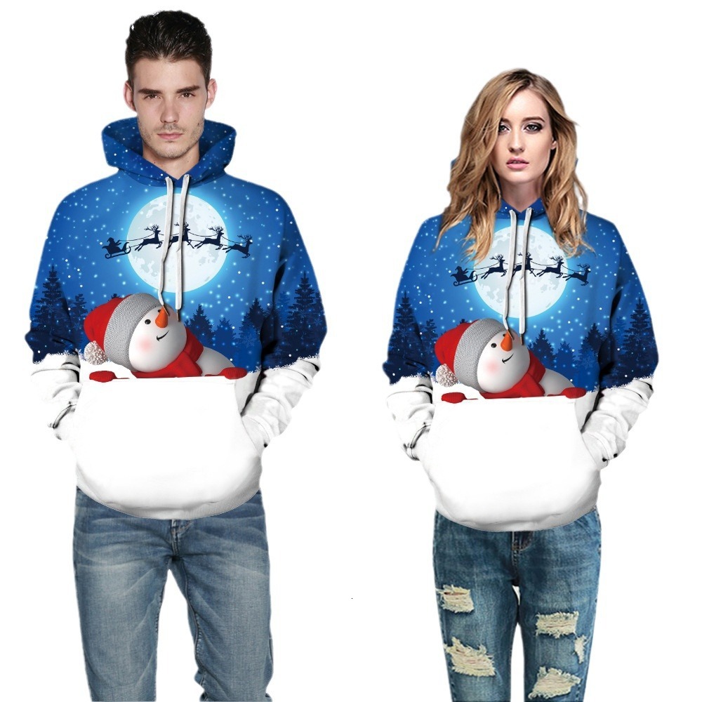 Designer fashion versatile hot selling Christmas snowman digital printed pocket hooded drawstring trendy autumn and winter hoodie
