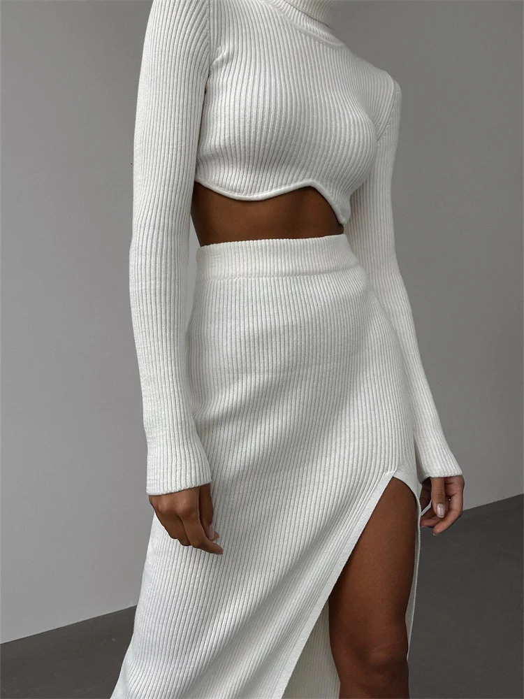 CHRONSTYLE Women 2pcs Spring Fall Knitted Outfits Solid Ribbed High Neck Long Sleeve Sweater Casual Waist Split Skirts 240401