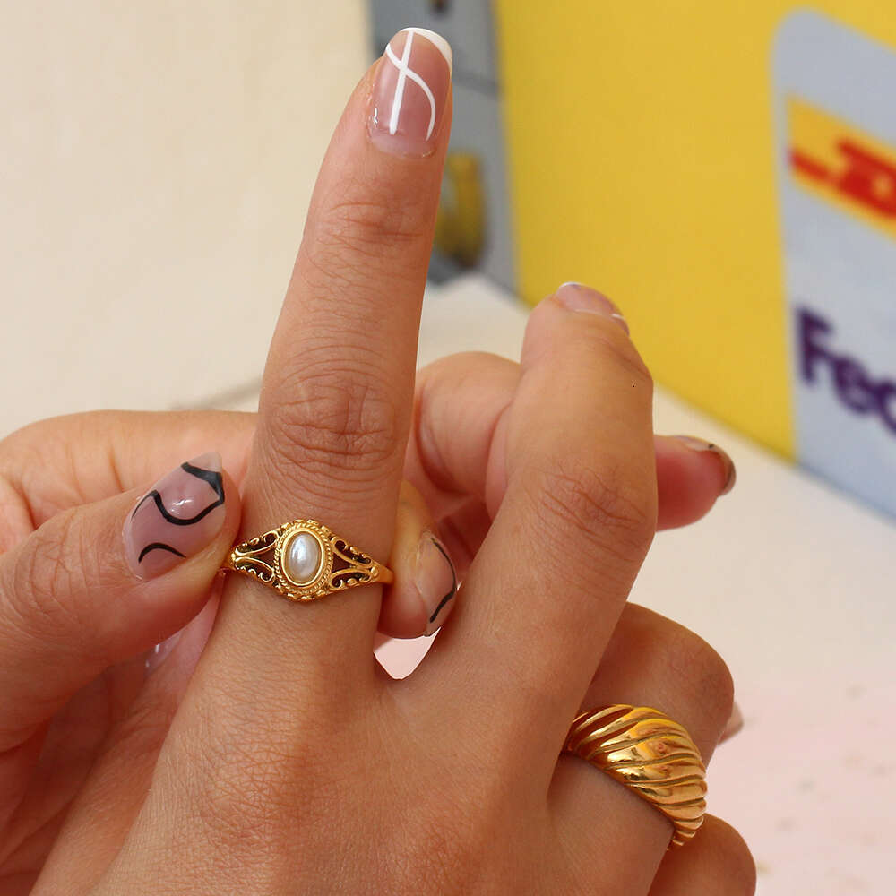 Thin Plated E.B.belle Hollow Texture Natural Freshwater Pearl Rings For Women Stainless Steel Tarnish Free Gold Ring