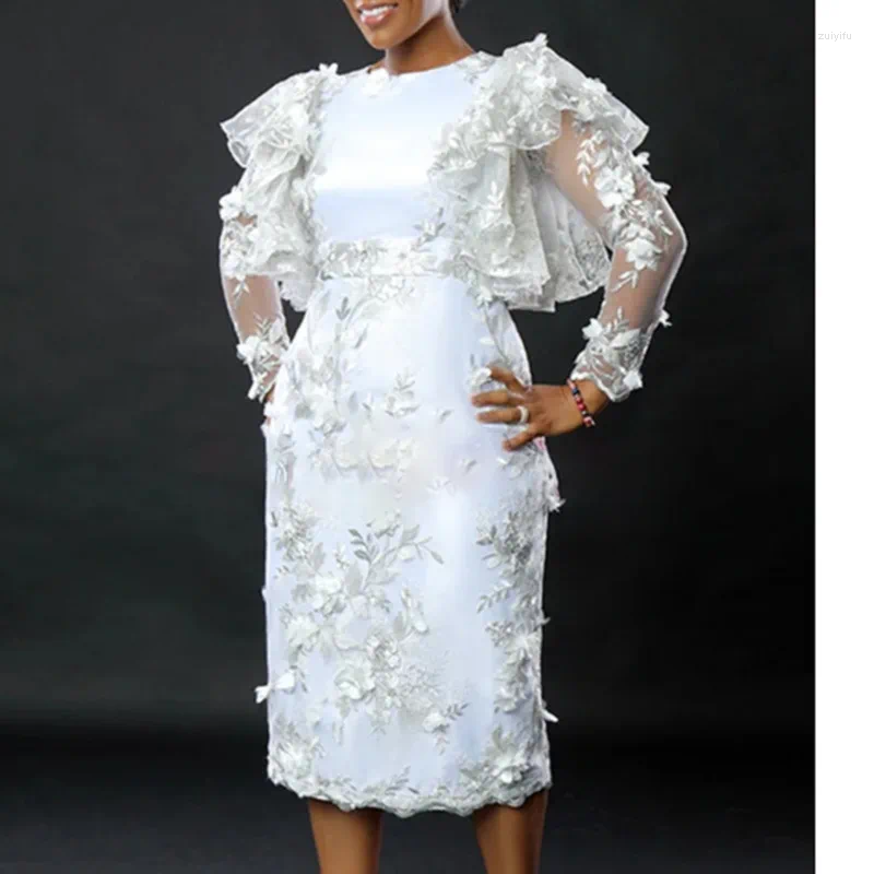 Casual Dresses Woman Clothing 2024 Embroiled Petals Lace Ruffles Long Sleeves Waist And Hip Wrap Loose White Africa Wedding