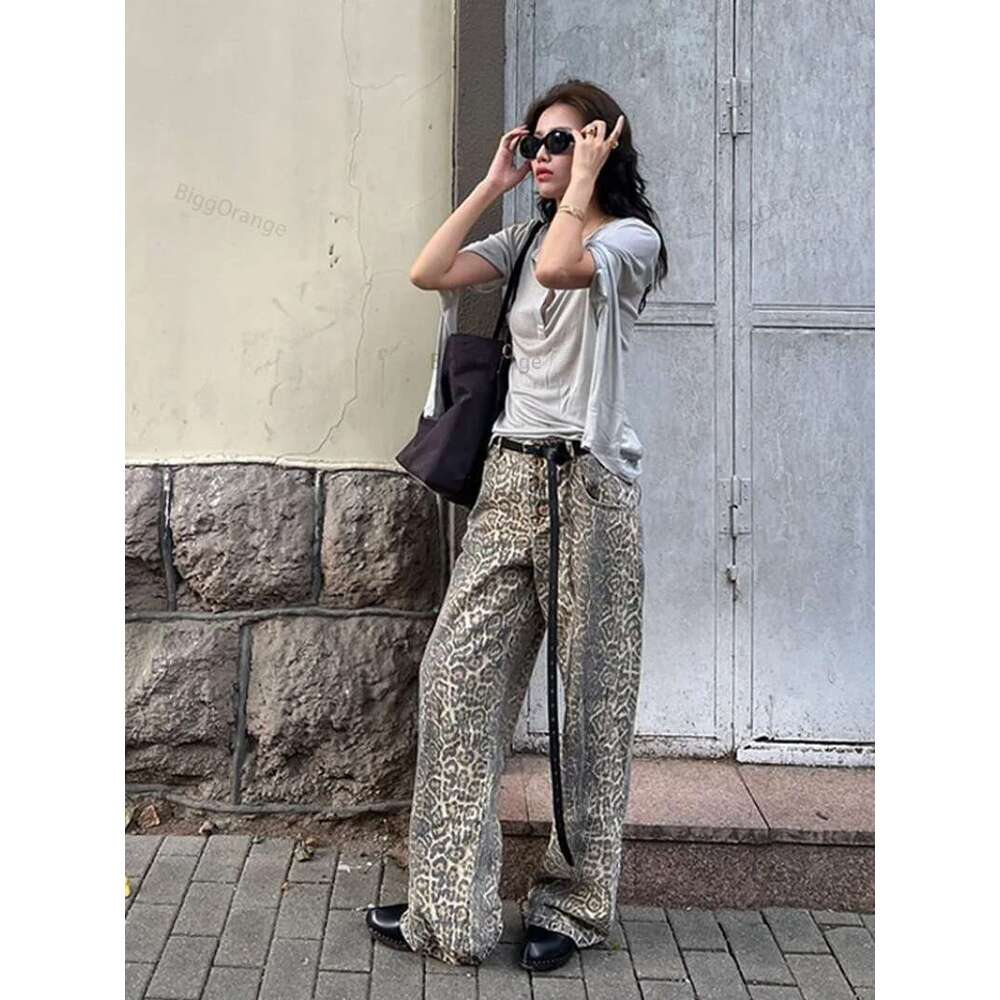 American Leopard Wash Jeans Women Y2k Retro Street Loose Korean Style Casual Hot Girl High Waist Straight Denim Trouser