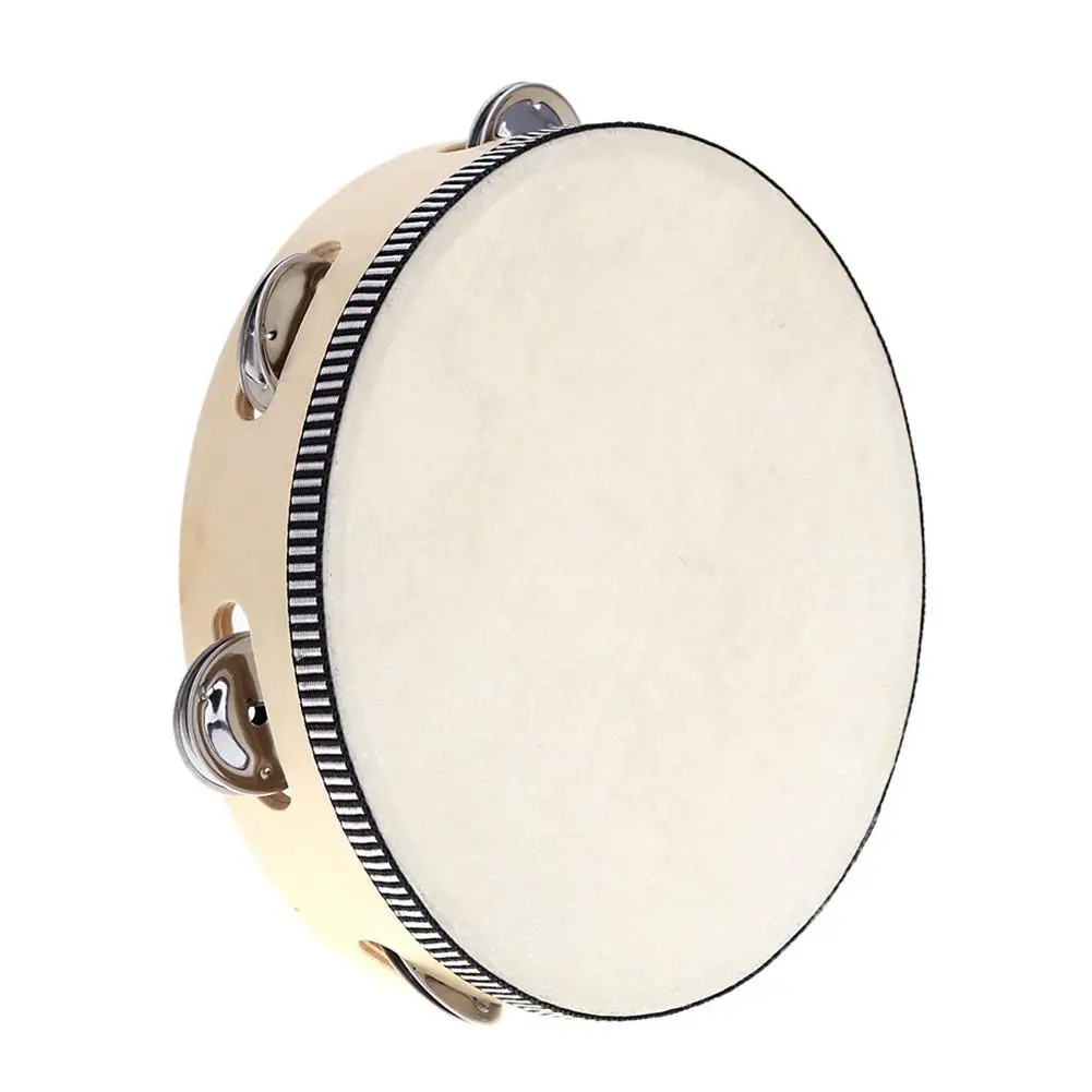 8 Inch Musical Tambourine Hand Held Wooden Ring Sheepskin Drum Bell Orff Instrument Educational Musical Toys for KTV Party Kids