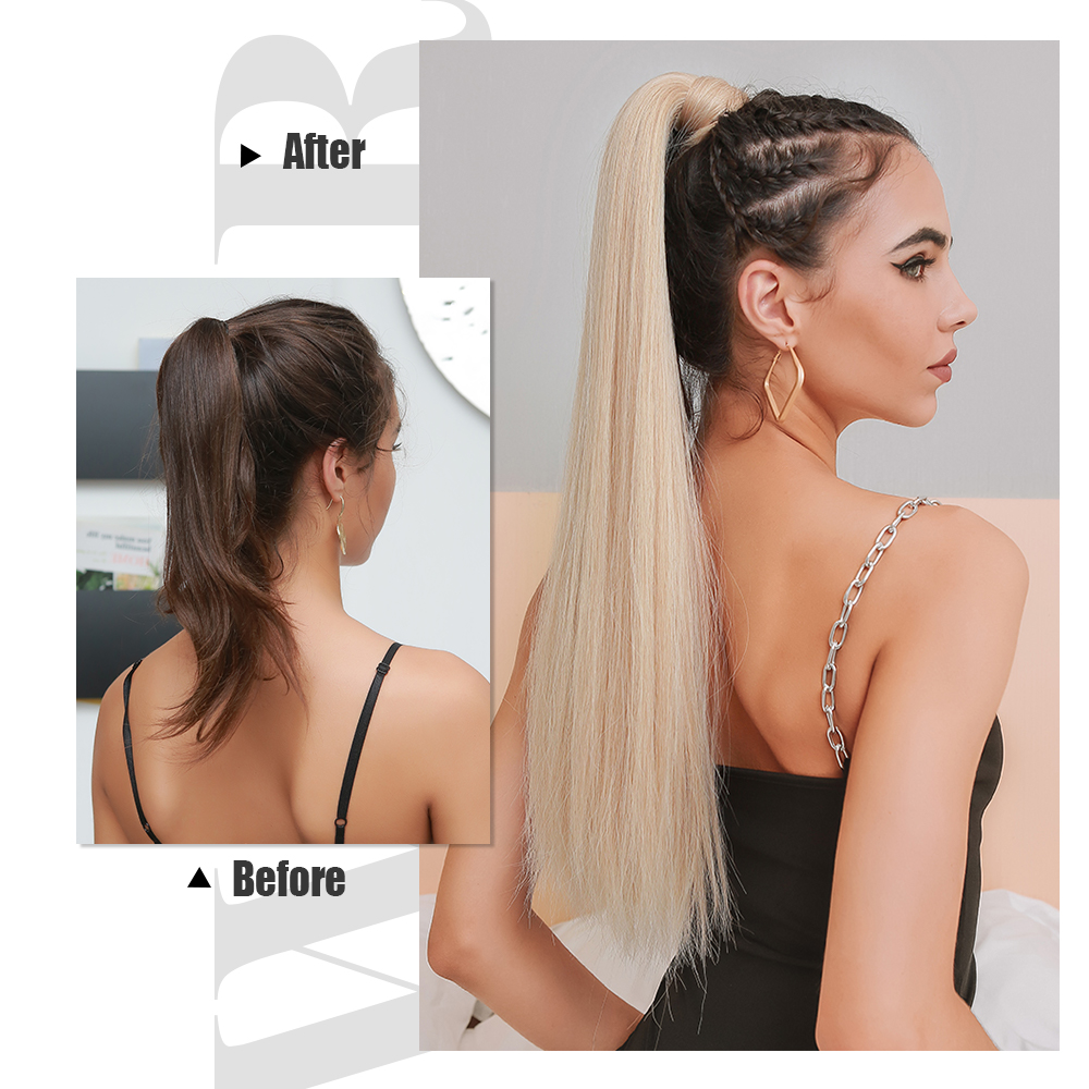 Long Straight Blonde Ponytail Wigs for Women Wrap Around Fake Tail Hair Extensions Natural Synthetic Ponytail For Daily