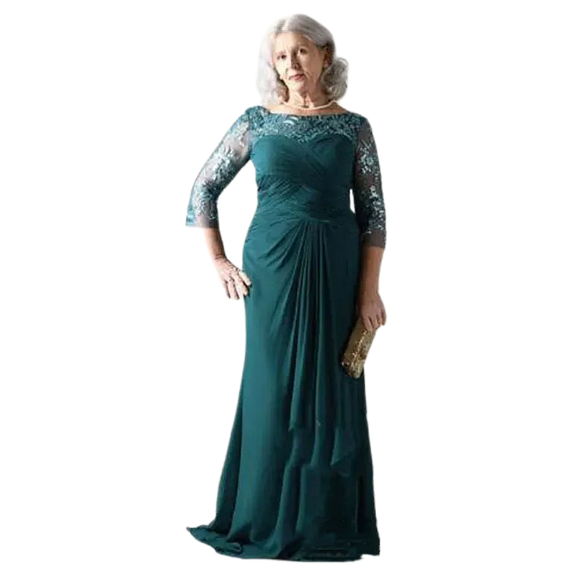 Elegant Dark Green Long Mother Of The Bride Dresses Lace Appliques Ruched Chiffon A Line Plus Size Wedding Guest Dress Open Back Groom Mom Formal Wear
