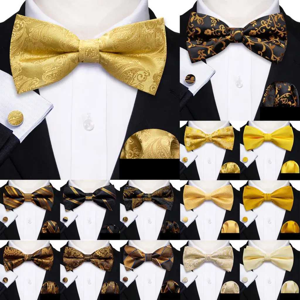 Barry.Wang Gold Yellow Beige Silk Mens Bow Tie Jacquard Paisley Floral Pre-Tied Bowtie Hanky Cufflinks Set Wedding Busin GiftX241109