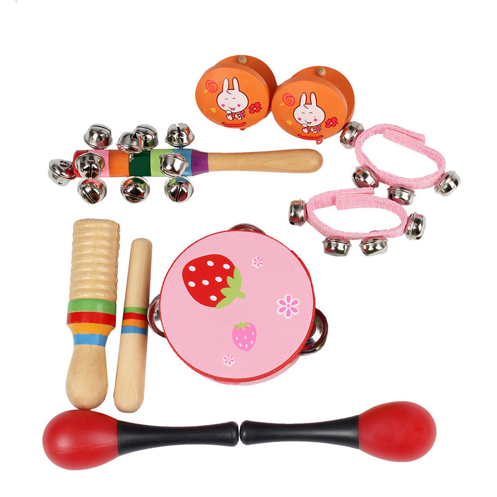 New 10pcs/set Musical Toys Orff Instruments Sets Band Rhythm Kit Including Tambourine Maracas Castanets Handbells for Kids