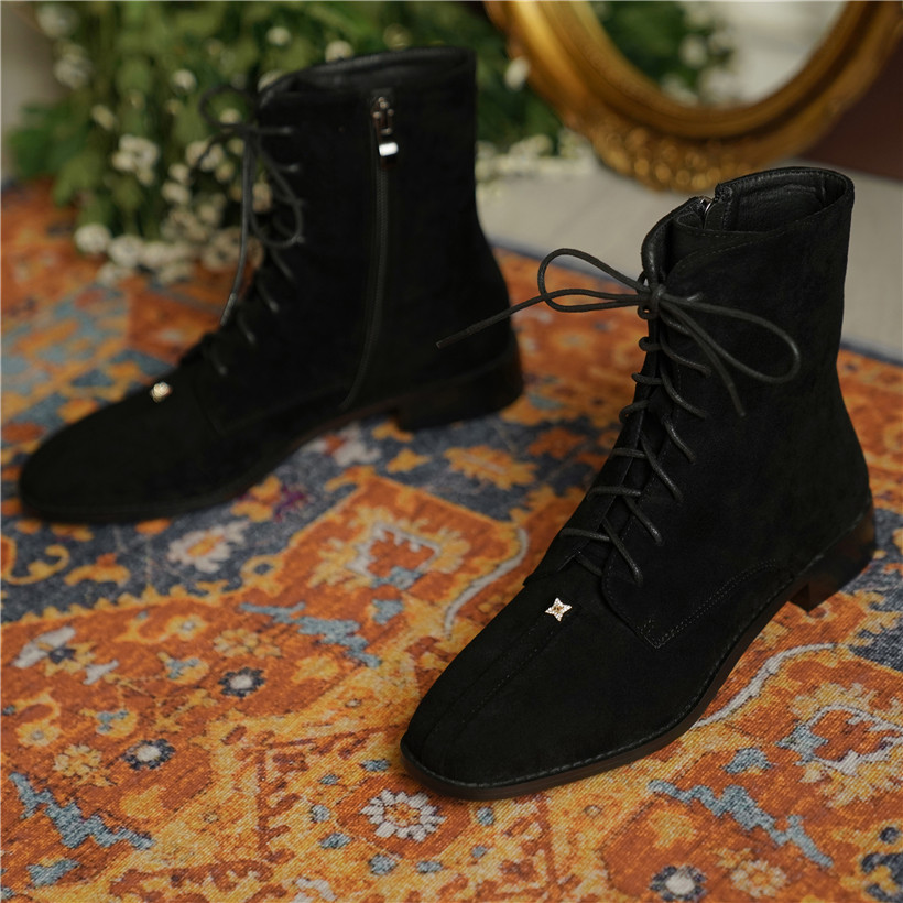 Winter Women Plush British new Boots Black Apricot Flock Crystal Casual Office 2025 Ladies Square Toe Low Square Heels Zipper Ankle Boots