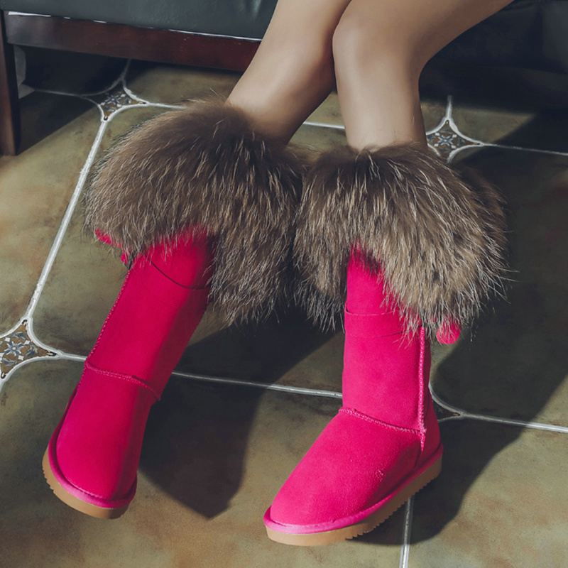 Womens Winter Snow Warm Fur Lining Real Fox Fur Trim Real Leather Knee High Boots Thick 9Colors Flats Shoes Australia New