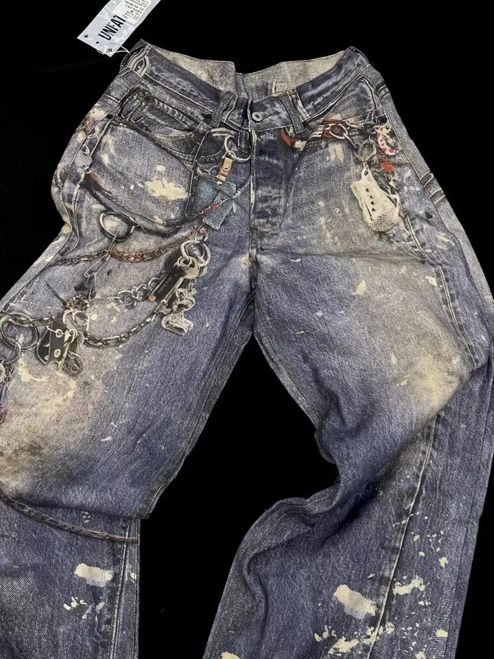 Y2K Mens Retro Street Printing Digital Crop Printing Jeans Mens Loose Straight Personalized Fashion Mop Wide Legs Trousers 241108