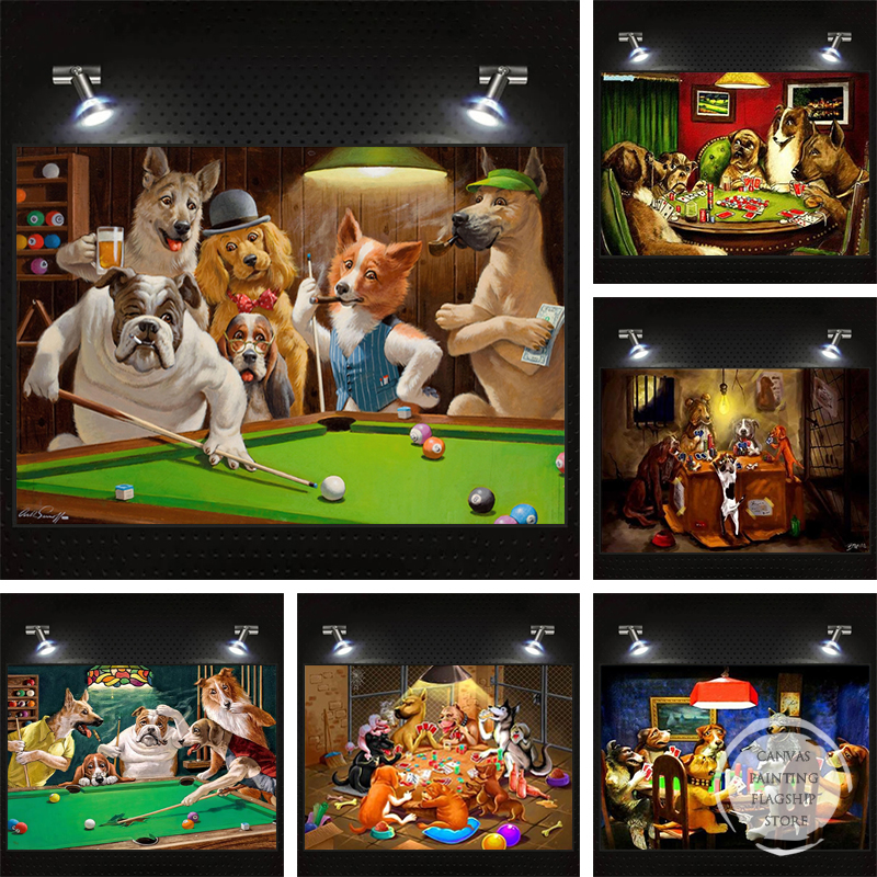 Retro Funny Animals Dog Playing Poker and Pool Billiards Canvas Painting Posters Print Wall Art Picture Living Room Home Decor