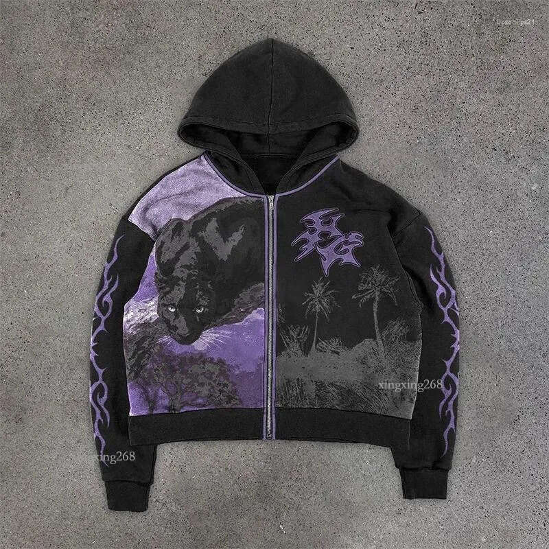 Men's Hoodies Harajuku Hip-hop Retro Print Mens Clothes Graphic Y2k Top Oversized Hoodie Streetwear Goth Women Zip Up