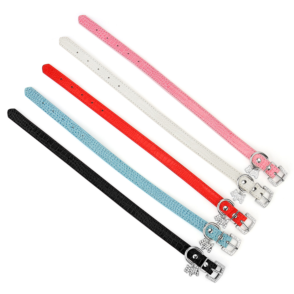 Small Durable Dog Collar PU Leather Padded Pet Collars with Puppy Pendant & Rhinestone Buckle for Small Medium Large Dogs & Cats
