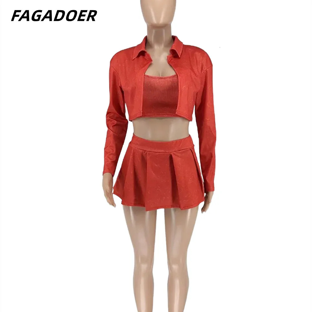 FAGADOER Sexy Y2K Solid Pleated Skirts Three Piece Sets Women VestLong Sleeve Crop Coats Super Mini Outfits Streetwear 240329