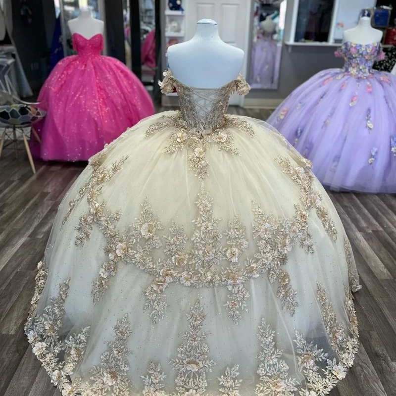 Light Champagne Off The Shoulder 3D Flowers 15 Dress Quinceanera 2025 Ball Gown Quince Dresses Princess Formal Occasion Gown