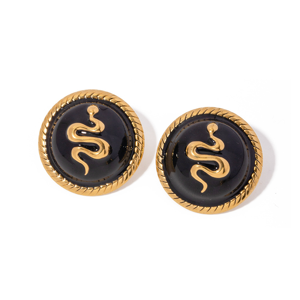 Designer Earrings for Women Plated 18k Gold Stainless Steel Black Dropped Oil Round Snake Relief Earrings Wholesale Free Shipping
