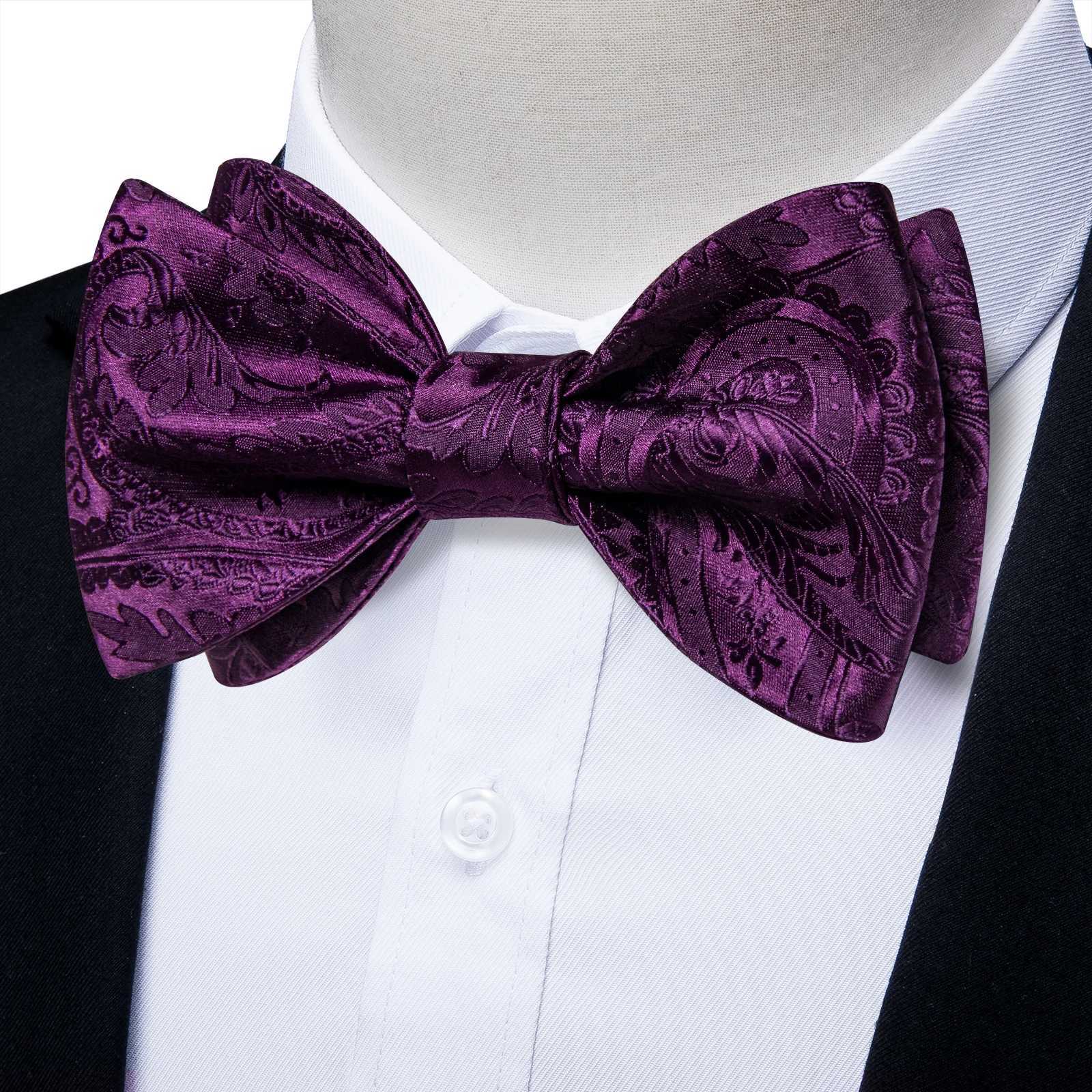 Self Bow Tie with Pocket Square Cufflinks Gift Men Paisley Solid Floral Silk Woven Bowknot for Wedding Prom TuxedoX241109