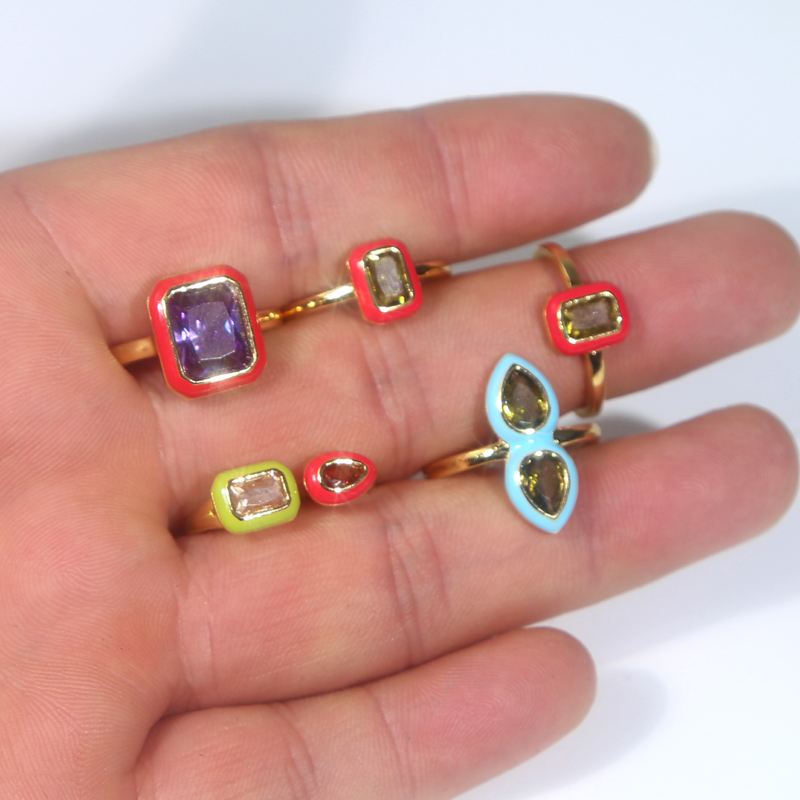 Pastel Enamel Geometric Bezel Band Rectangle 5A Cubic Zirconia CZ Sparking Engagement Band Ring for Women Fashion Jewelry