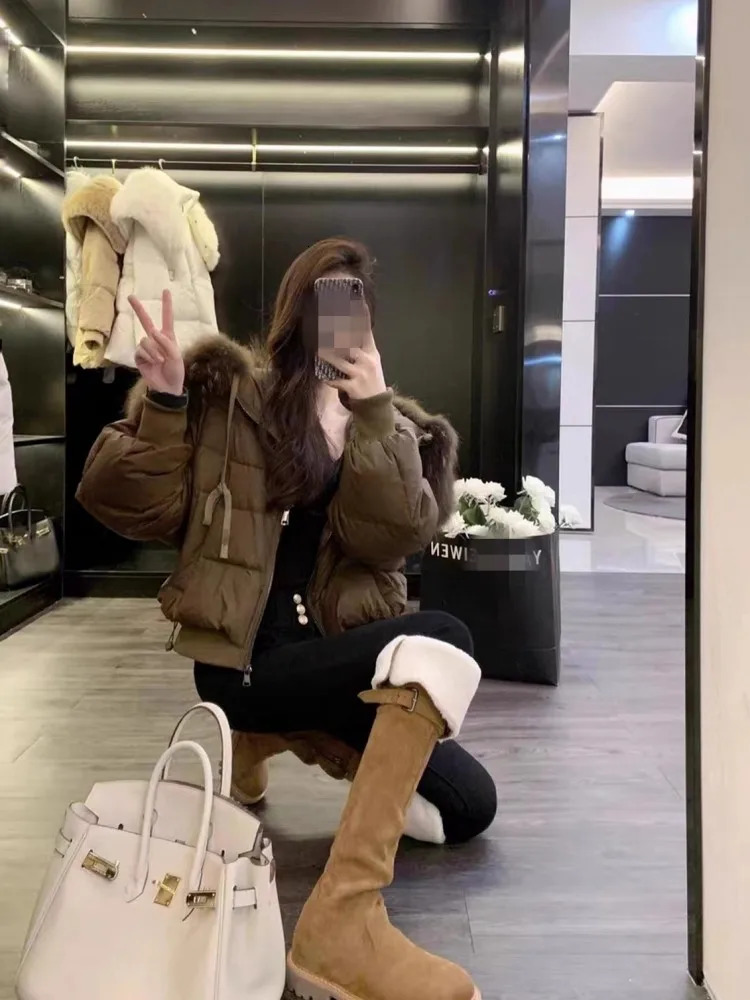 Winter Womens Down Jacket Raccoon Fur Collar Hooded Short Coat Long Sleeve Fashionable Casual Loose Fit Thick Coat 241108