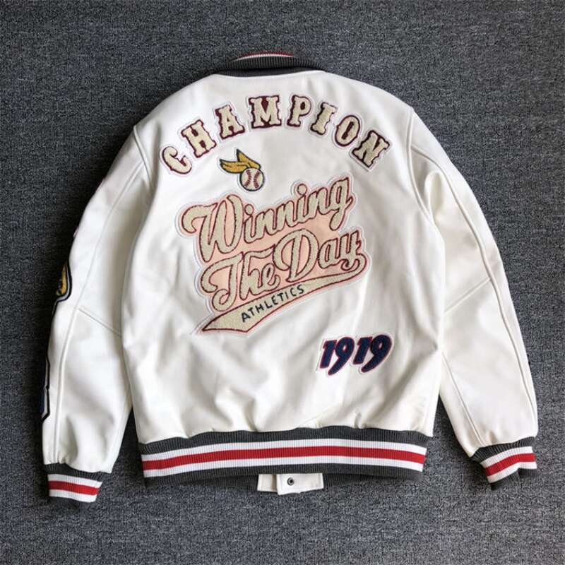 Men's Spring And Autumn Baseball Uniform Men's Handsome Trendy Leather Jacket Heavy Industry Embroidery White Short Coat Ins Hot