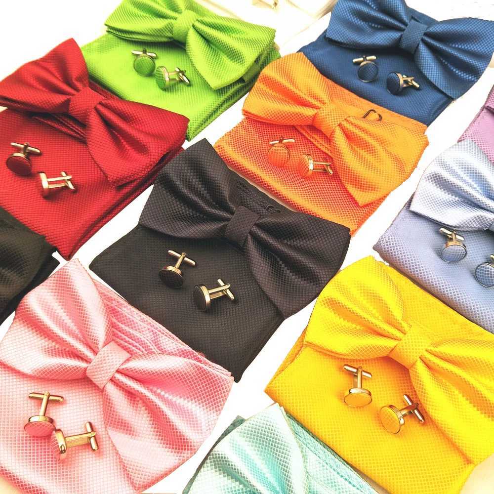 Bow Set 3ps Cufflinks Pocket Square Solid Color Check Bowtie For Men Party Wedding Fashion Butterfly Shirt Tie WholesaleX241109
