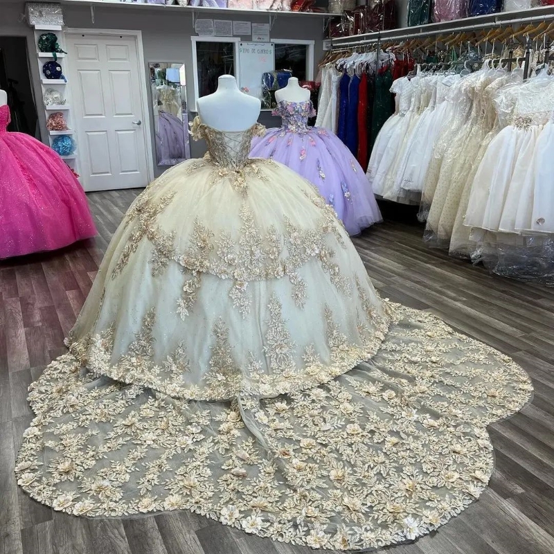 Light Champagne Off The Shoulder 3D Flowers 15 Dress Quinceanera 2025 Ball Gown Quince Dresses Princess Formal Occasion Gown