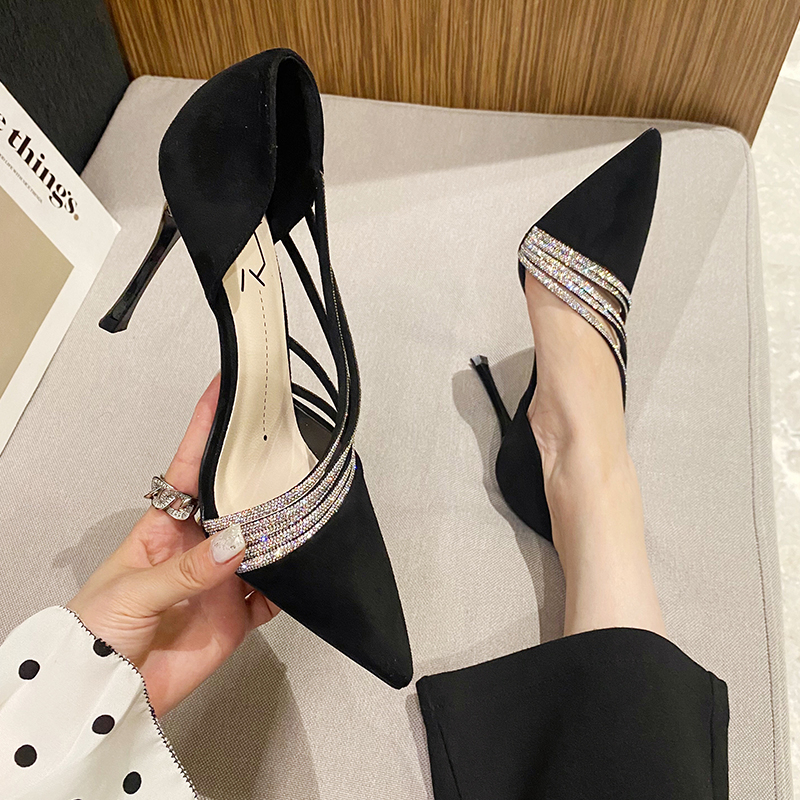Women Autumn Pumps Evening Party High Heels Ladies Pointed Toe Nude Leather Black Suede Gold Patent Leather Strappy 2023