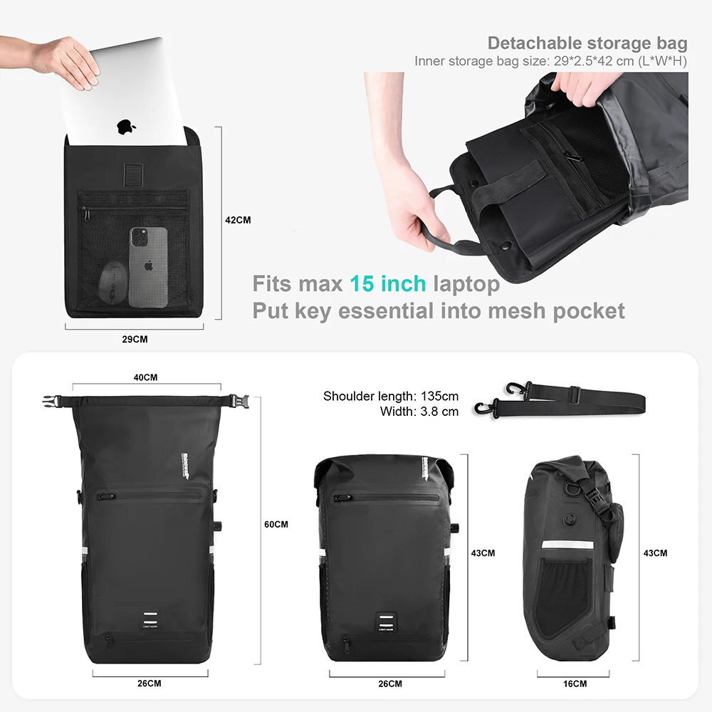 Rhinowalk 22L Waterproof Bike Pannier Bag Portable Cycling Backpack Bicycle Rear Rack MTB Trunk Bag Pack Luggage Carry