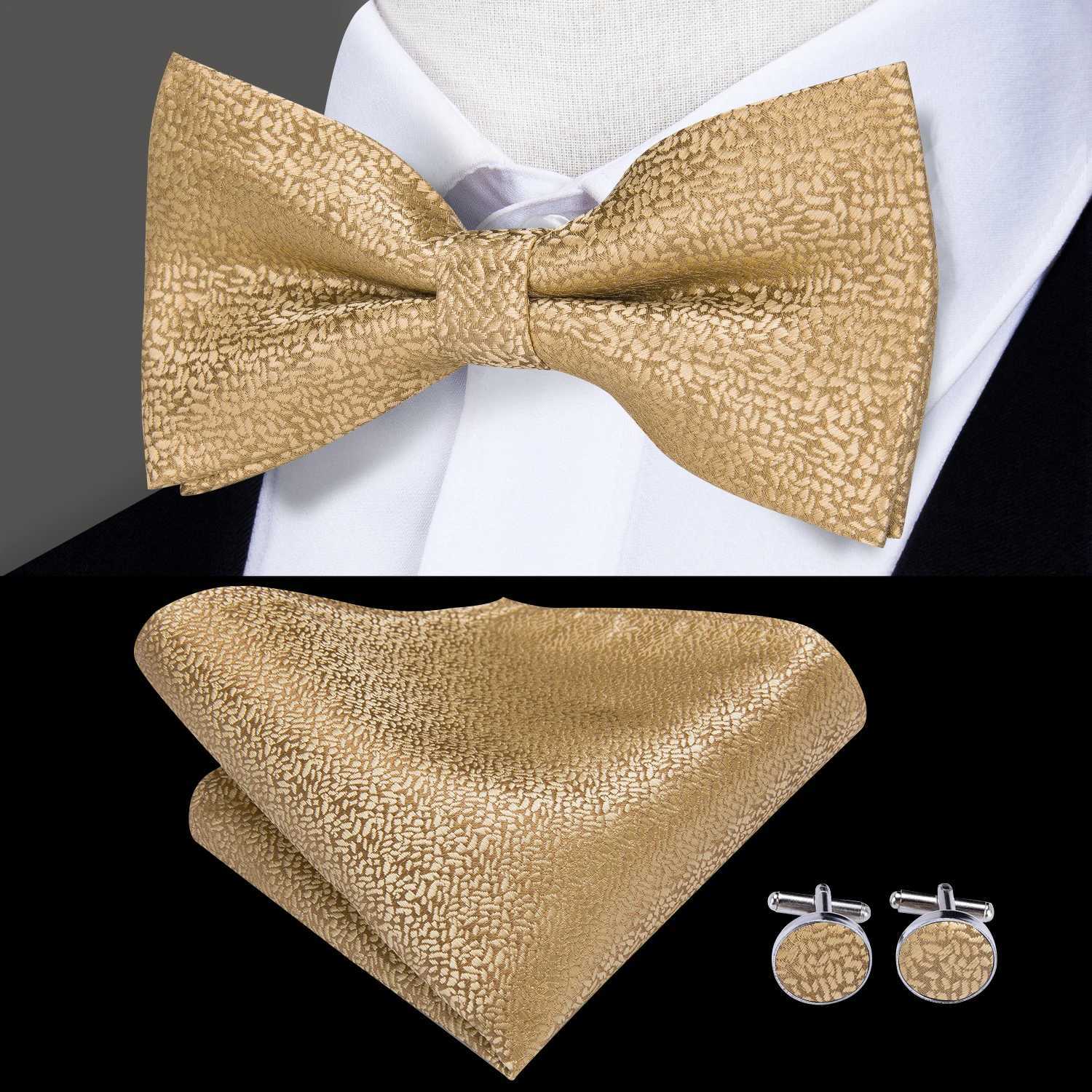 Hi-Tie Fashion Gold Busin Wedding Bowties Men Brooch Pocket Square Cufflinks Set Silk Bow Tie Necktie for WeddingX241109