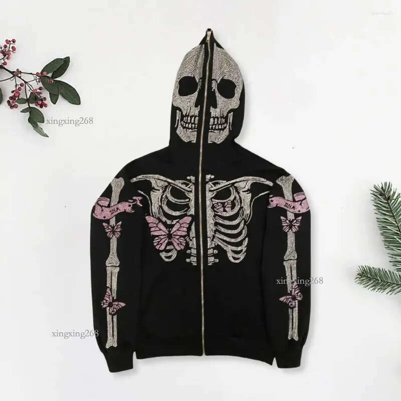 Men's Hoodies Unisex Halloween Hoodie Rhinestone Ghost Skeleton With Zipper Closure Pockets Party Cosplay For Fall