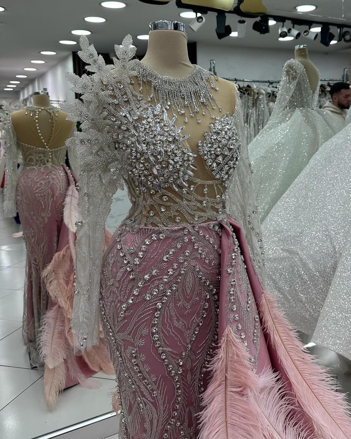 2024 Plus Size Pink Mermaid Prom Dresses For Special Occasions Florals Rhinestones Feather Evening Party Birthday Gowns Dress For Women Vestidos de no
