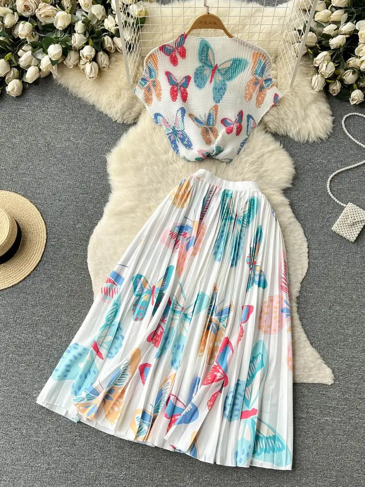 Summer Runway Pleats Floral Print Two Piece Set Women Half High Collar Stretch TopElastic Waist Long Pleated Skirt Outfits 240329